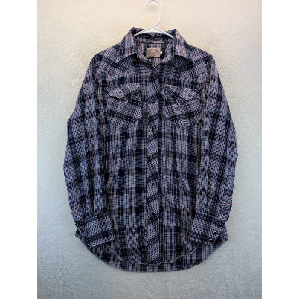 VTG H Bar C 14.5-33 Ranchwear Long Tail Pearl Snap Blue Plaid Shirt Western 70s